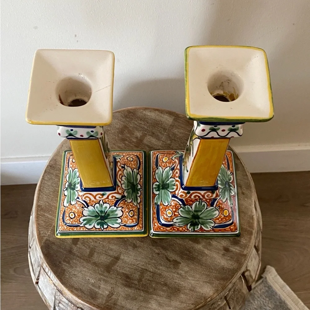 Williams Sonoma Nazari Alhambra Hand Painted Ceramic Candle Holder Pair 10.5”